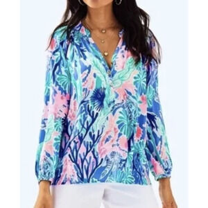 Lilly Pulitzer Shirt Womens Small Blue Pink Elsa 100%Silk Tunic Top Blouse